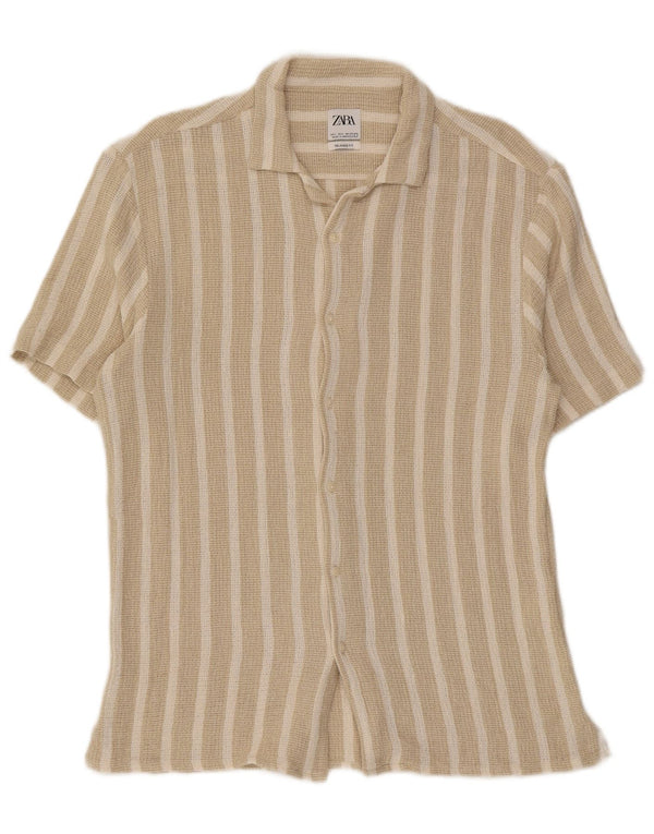 Zara Hombre Camisa De Corte Relajado De Manga Corta Grande A Rayas Beige