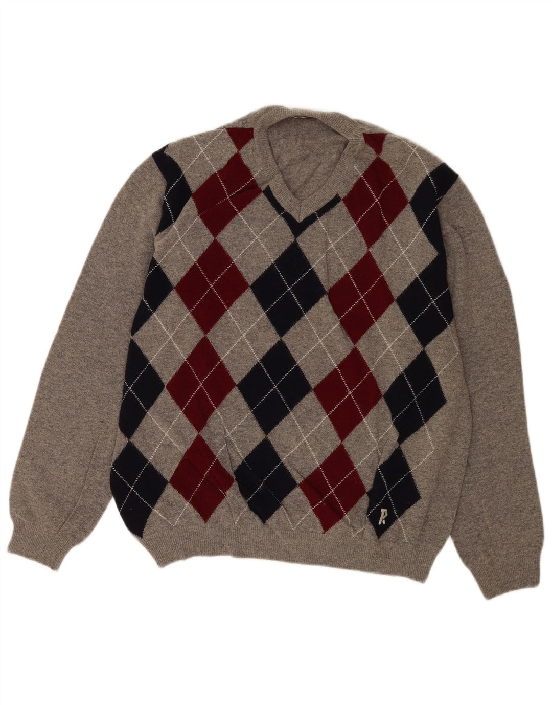 Rifle Jersey con Cuello en V para Hombre Suéter Grande Gris Argyle/Lana de Diamante