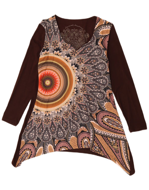 Desigual Top tipo túnica asimétrico de manga larga para mujer Reino Unido 40 Grande Marrón Floral