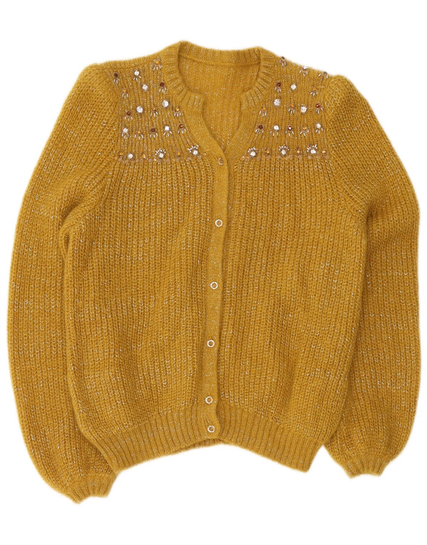 Vintage mujer Cardigan suéter Reino Unido 12 medio amarillo moteado