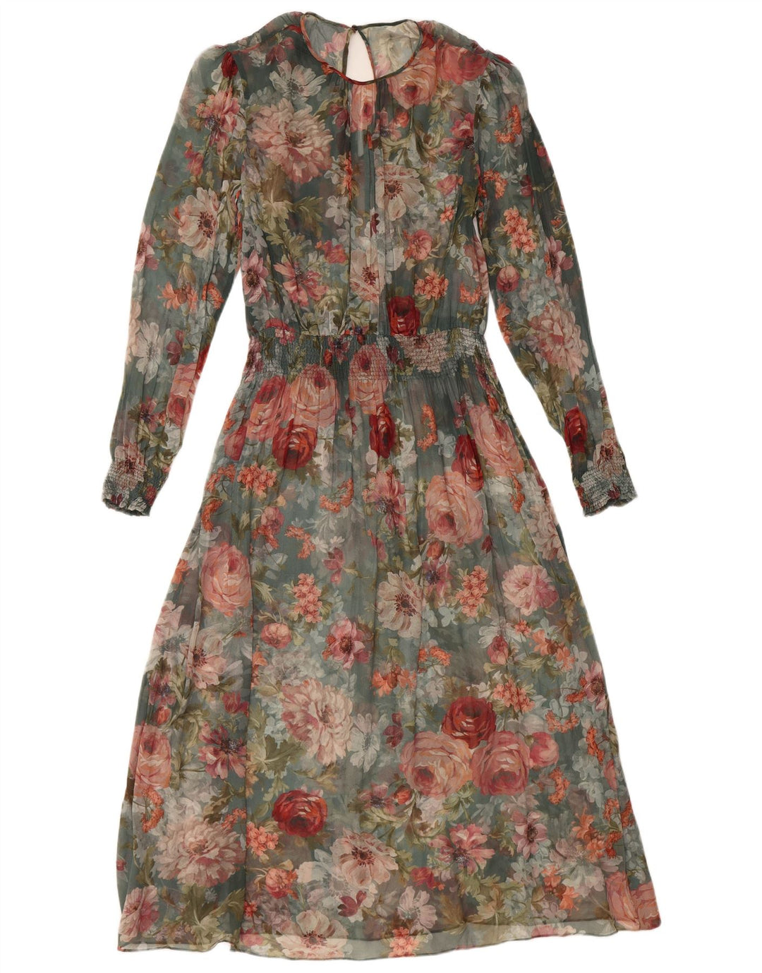 VINTAGE Mujer Manga Larga Maxi Vestido Reino Unido 12 Medio Multicolor Floral