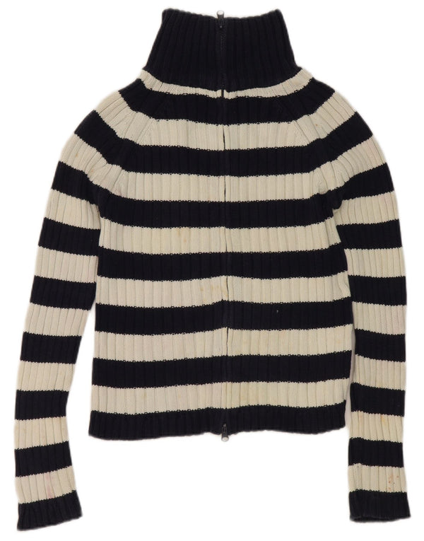Zara Womens Crop Cardigan Sweater UK 14 Large Navy Blue Striped Cotton
