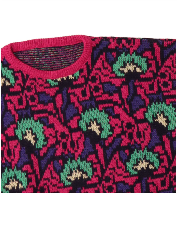 VINTAGE mujeres patrón abstracto cuello redondo jersey suéter Reino Unido 16 rosa grande