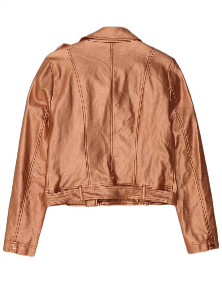 GUESS Chaqueta motera corta de piel sintética para mujer Reino Unido 12 Poliuretano dorado mediano