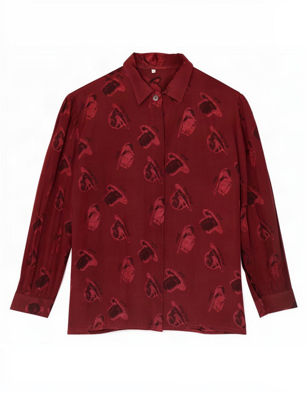 Vintage mujer patrón abstracto camisa blusa Reino Unido 14 medio borgoña viscosa