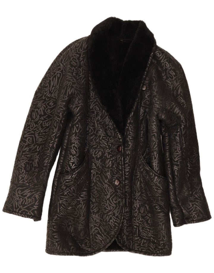 Vintage mujeres patrón abstracto shearling abrigo Reino Unido 14 negro medio