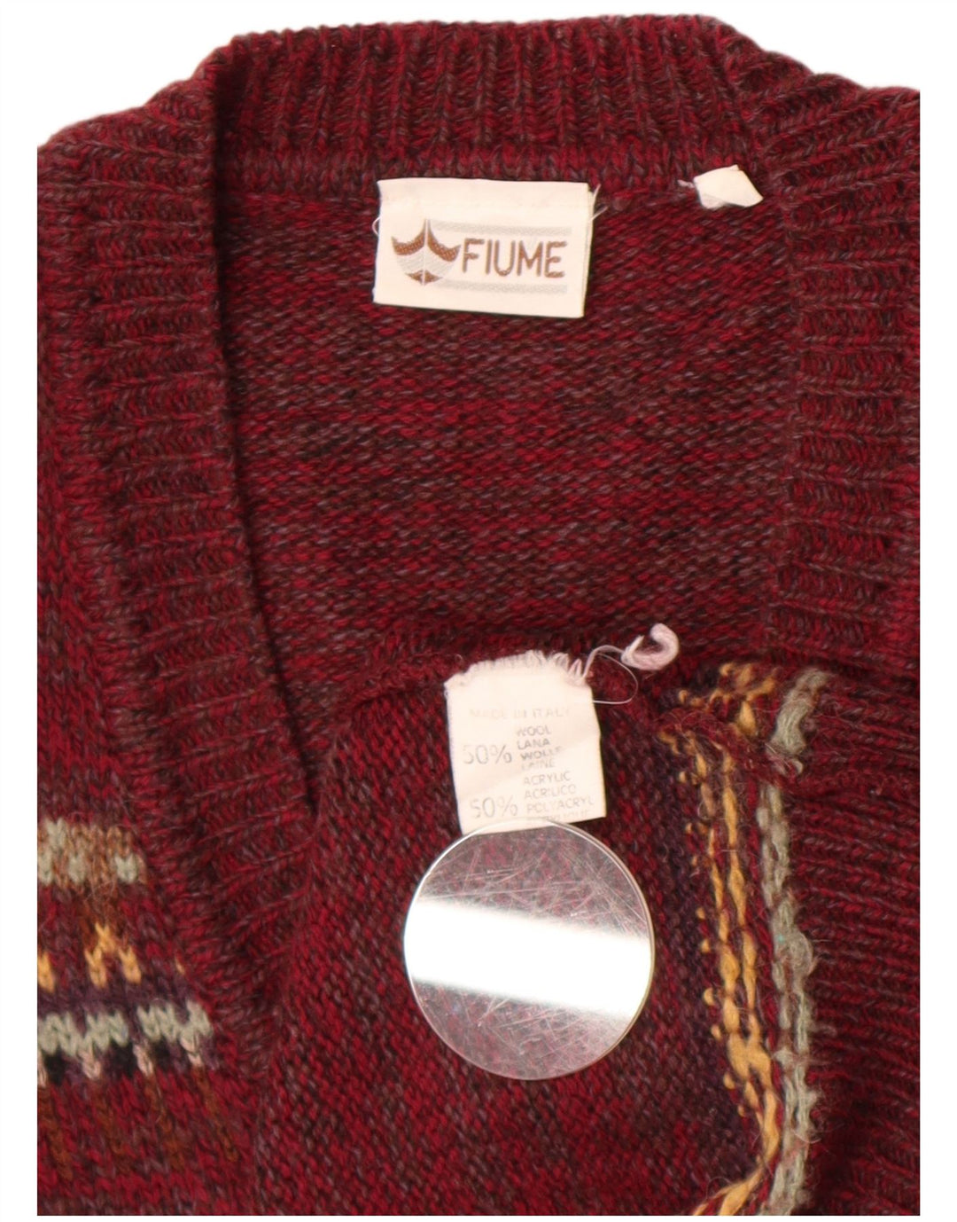 Fiume Suéter tipo jersey con cuello en V para hombre Lana de isla feria color burdeos grande