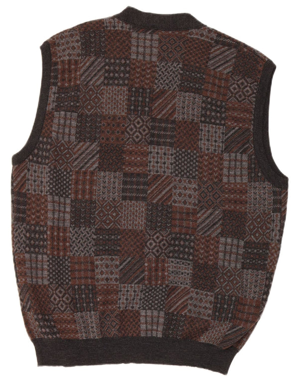 Vintage hombres sin mangas Cardigan suéter medio gris geométrico lana virgen