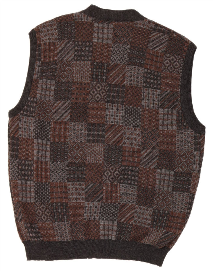 Vintage hombres sin mangas Cardigan suéter medio gris geométrico lana virgen