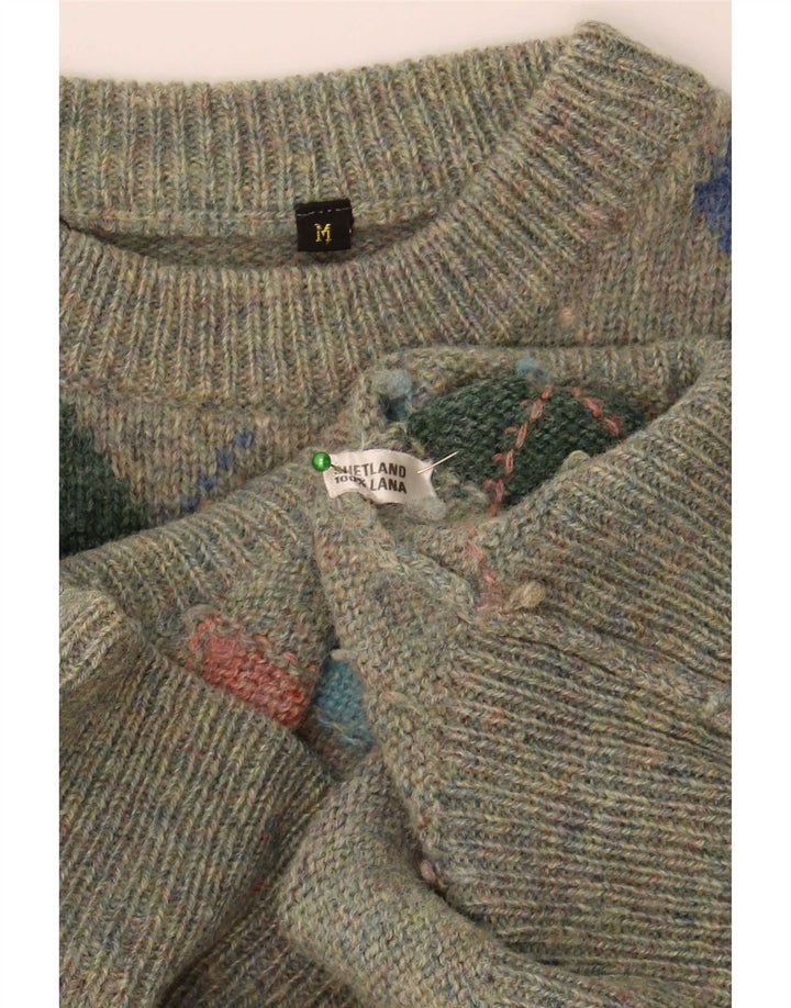Vintage hombres cuello redondo jersey suéter medio verde Argyle/lana de diamante