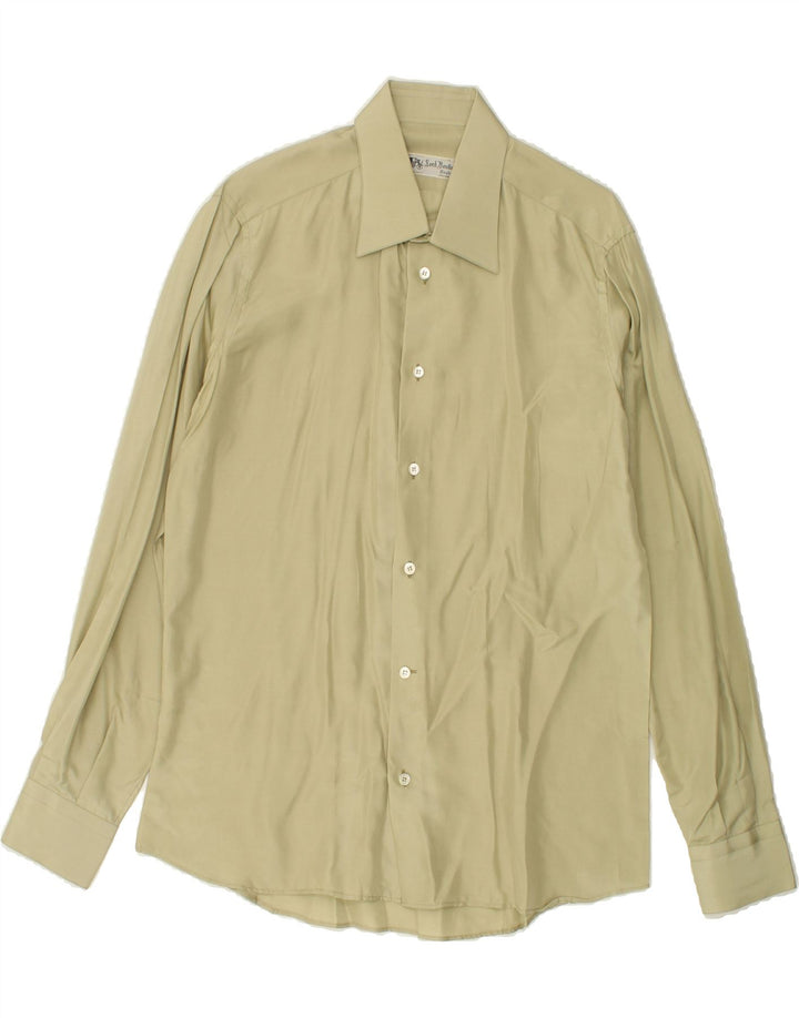VINTAGE Camisa Hombre Talla 16 41 Seda Caqui Grande
