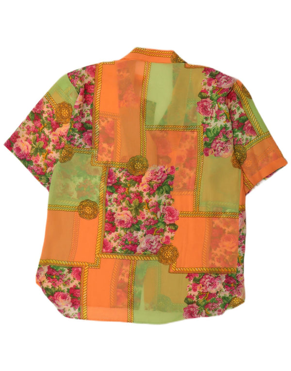 Vintage mujer manga corta ver a través de camisa Reino Unido 18 XL multicolor floral