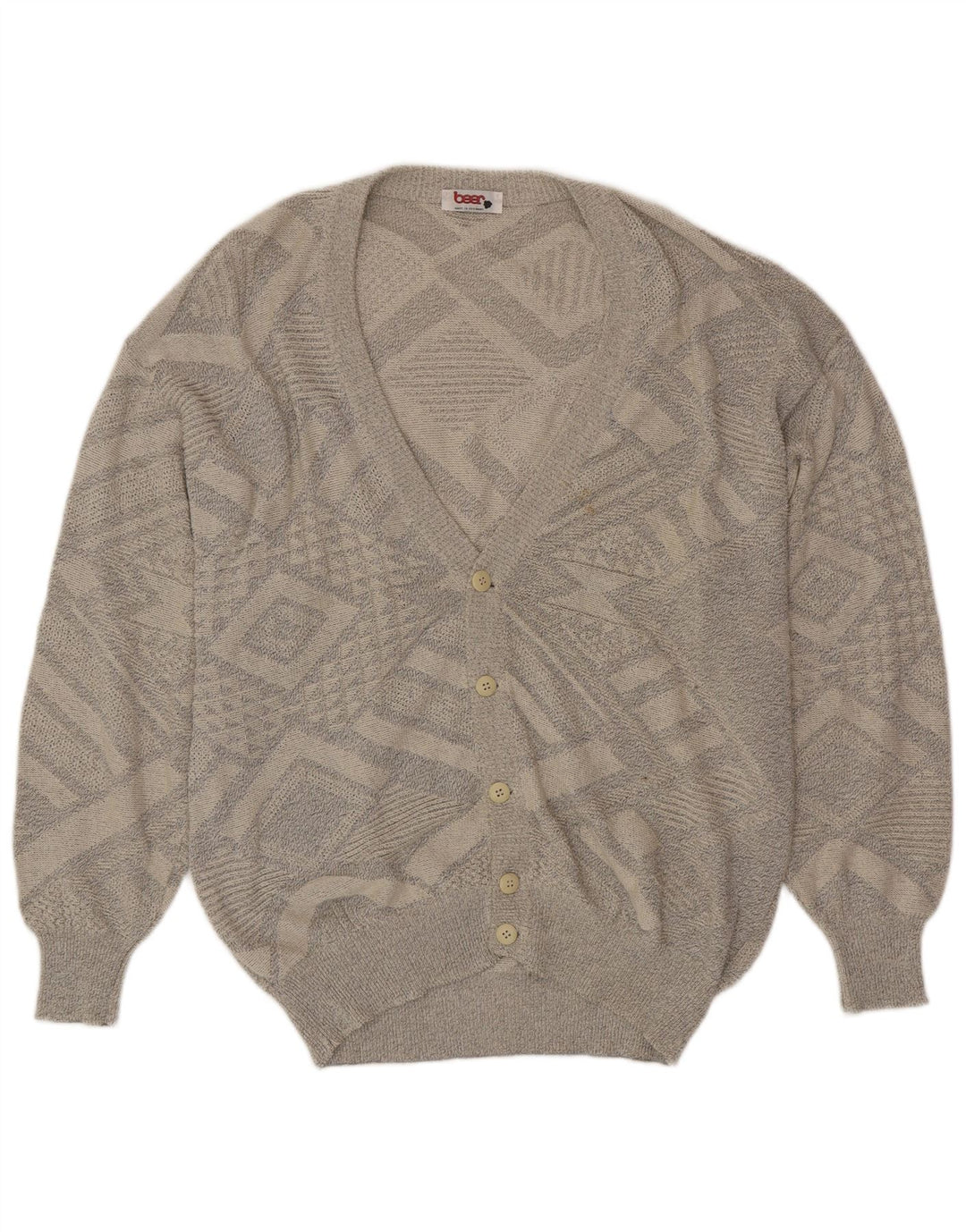 VINTAGE Hombres Cardigan Suéter Grande Gris Geométrico Algodón