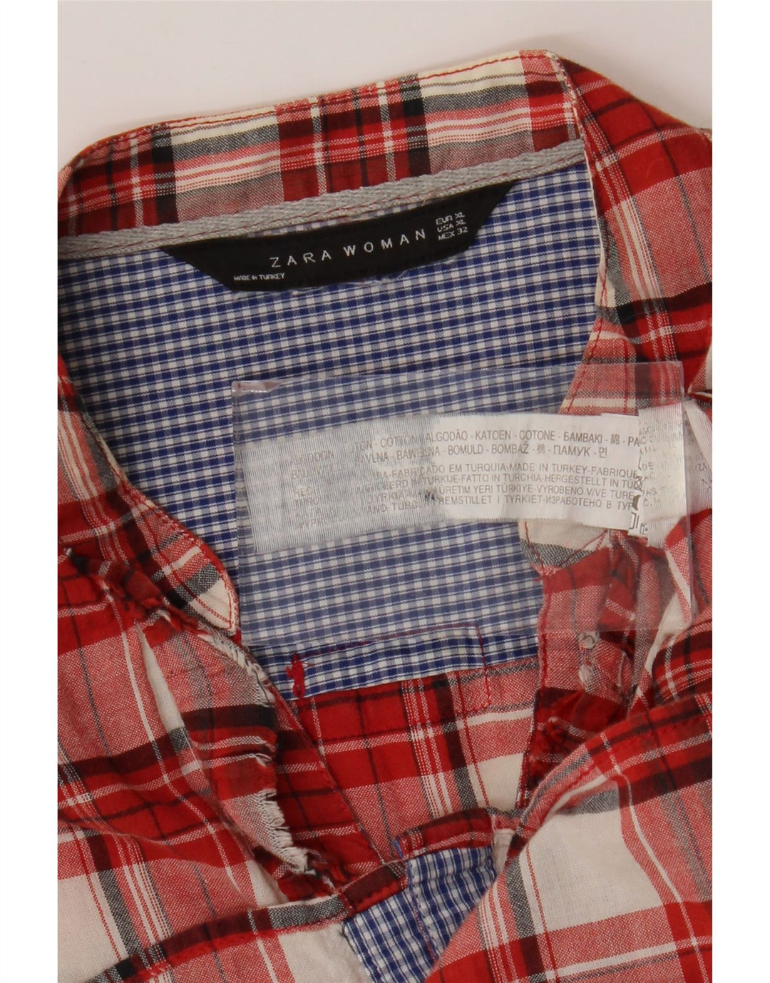 Zara Mujer Camisa Con Volantes Delanteros UK 40 XL Algodón A Cuadros Rojos