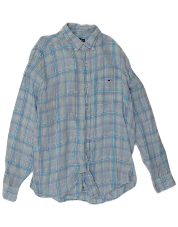 Vineyard Vines Camisa de corte clásico para hombre de lino a cuadros azules grandes