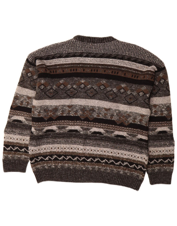 Vintage hombres cuello redondo jersey suéter IT 50 gris medio geométrico