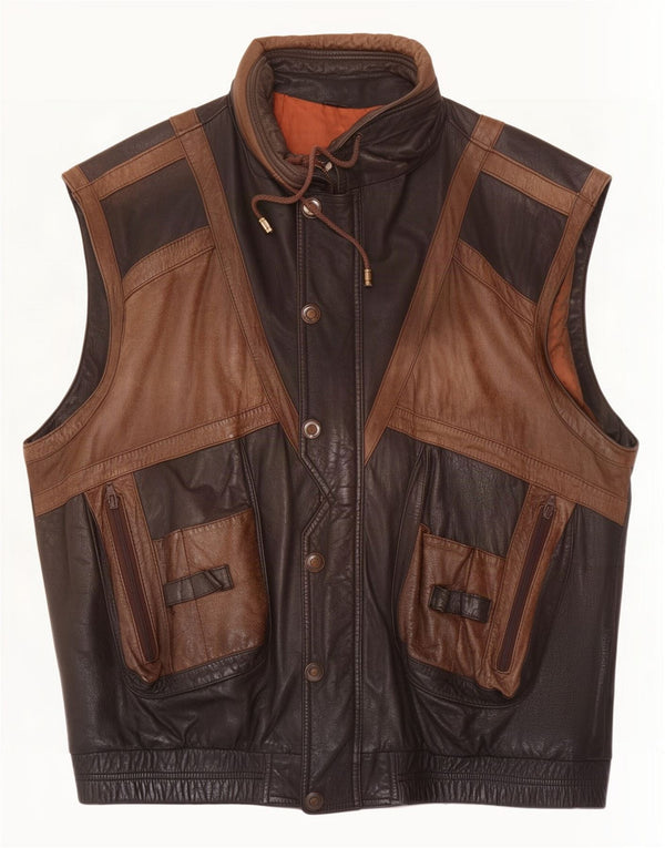 Chaleco de cuero vintage para hombre IT 56 3XL Bloque de color marrón