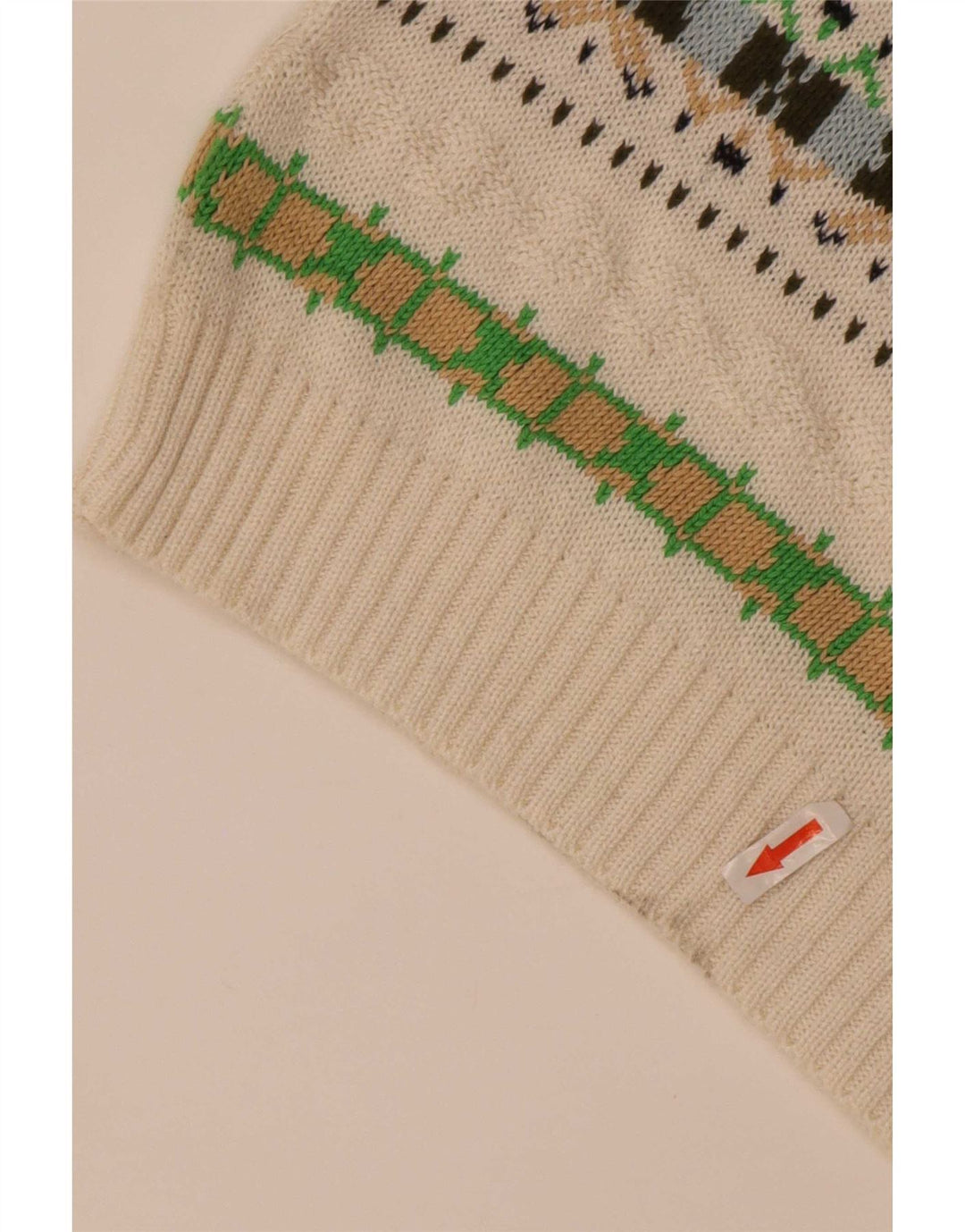 Vintage hombres V-cuello jumper suéter medio blanco algodón geométrico