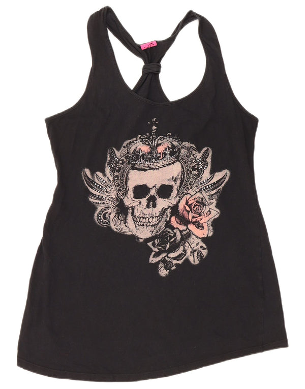 VINTAGE Chaleco gráfico para mujer Top Reino Unido 12 Algodón negro medio