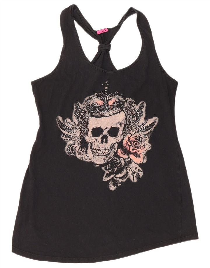 VINTAGE Chaleco gráfico para mujer Top Reino Unido 12 Algodón negro medio