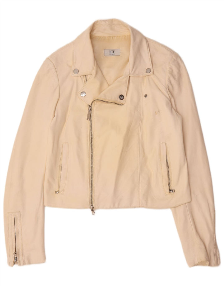 Iceberg Chaqueta motera de cuero para mujer UK 14 Medium Off White Leather