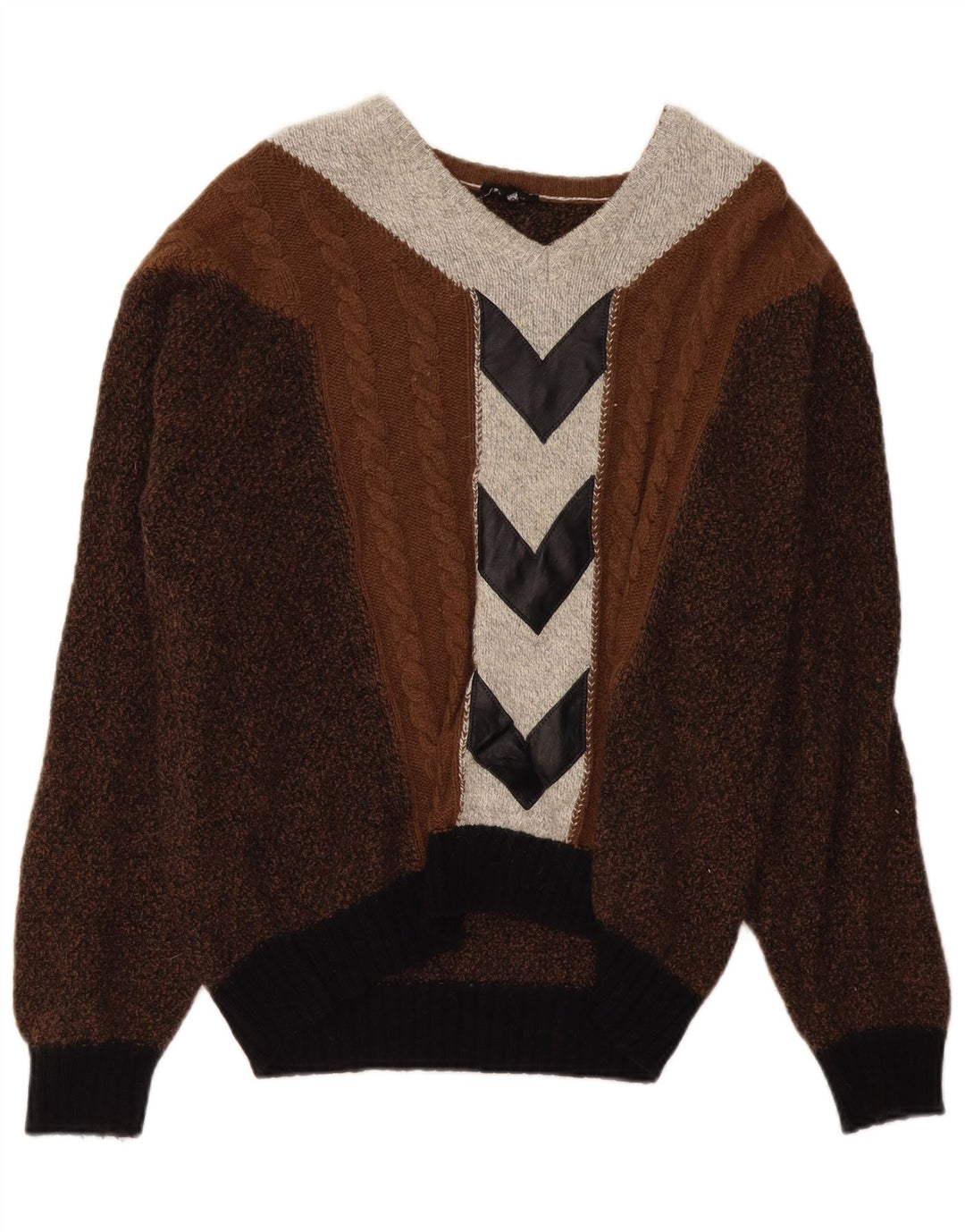 VINTAGE Suéter tipo jersey con cuello en V para hombre Bloque de color marrón grande