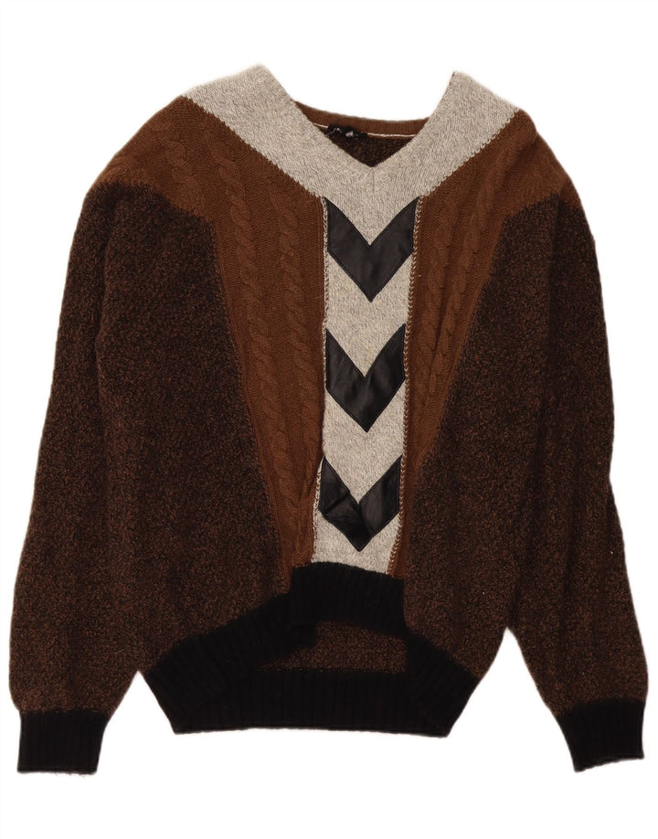 VINTAGE Suéter tipo jersey con cuello en V para hombre Bloque de color marrón grande