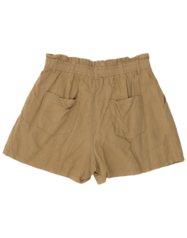 Zara Mujer Pantalones Cortos De Cintura Alta Y Ajuste Relajado Grande W32 Lino Caqui