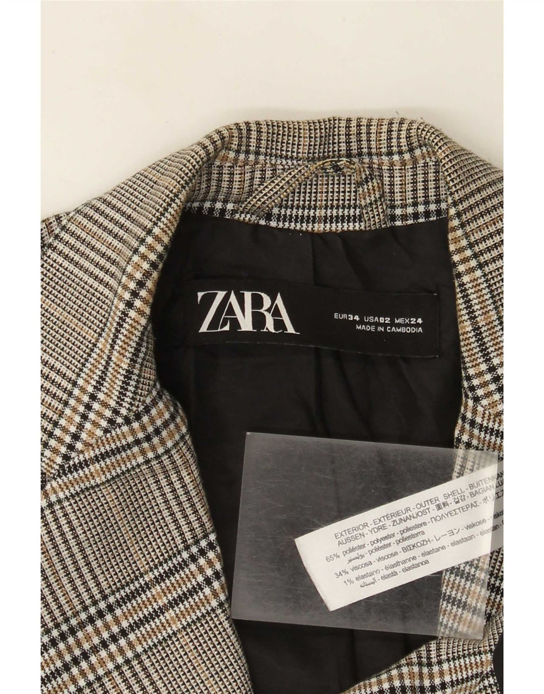 Zara Chaqueta Blazer De 1 Botón Para Mujer EU 34 2XS Poliéster A Cuadros Gris