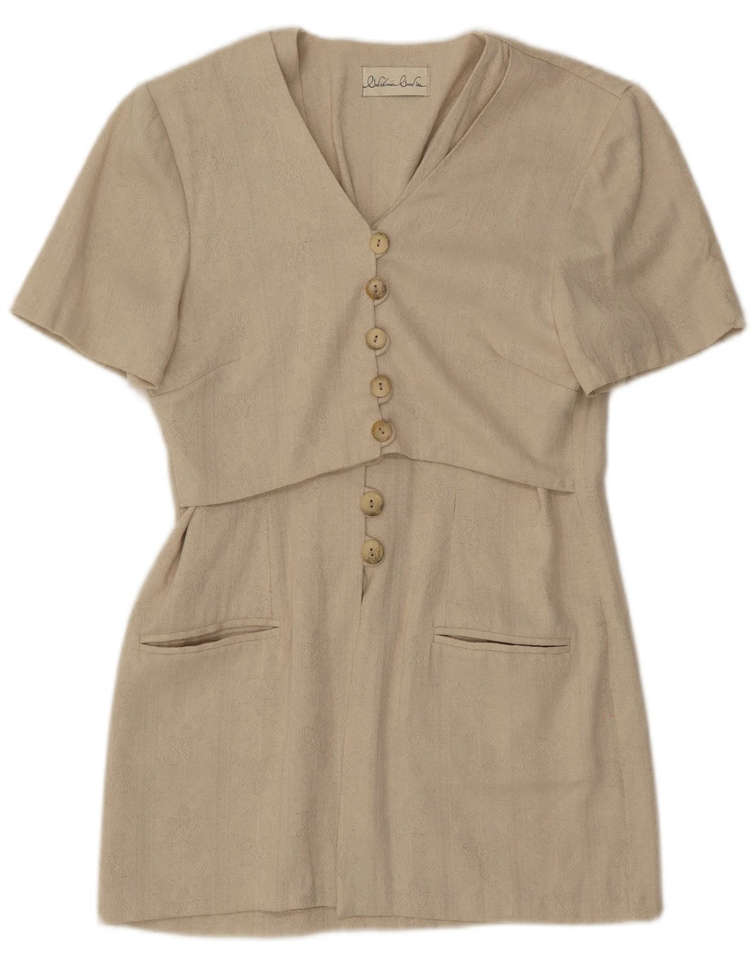 Vintage mujer manga corta longline Blazer chaqueta Reino Unido 8 pequeño beige clásico