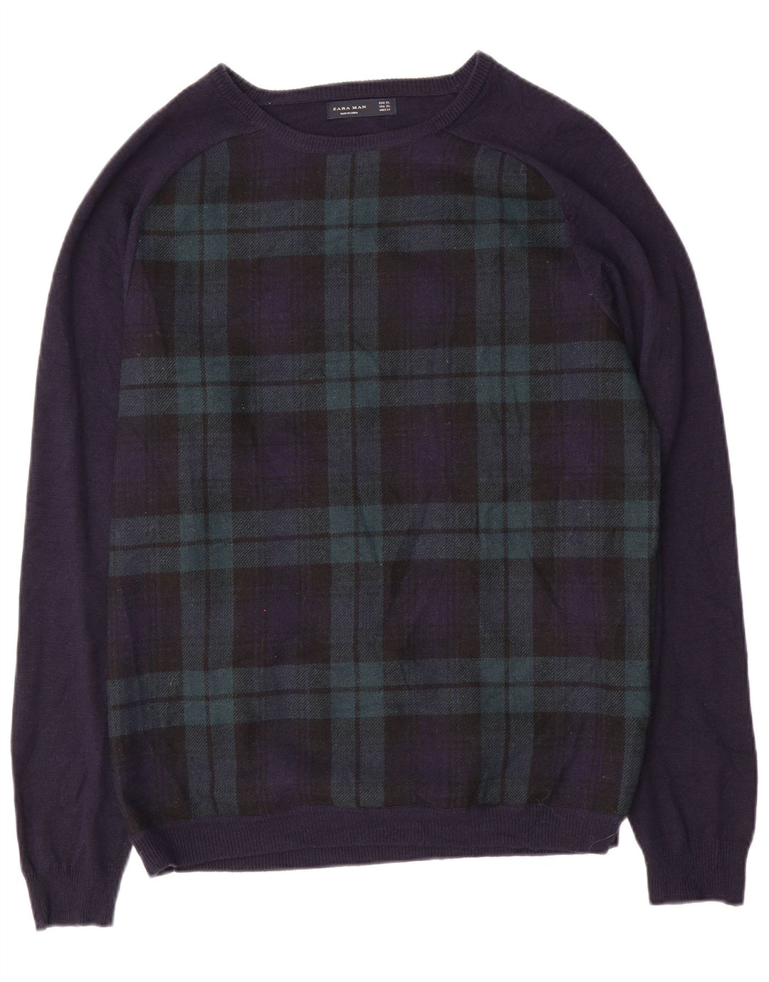 ZARA Hombre Jersey Cuello Barco XL Cuadros Azul Marino