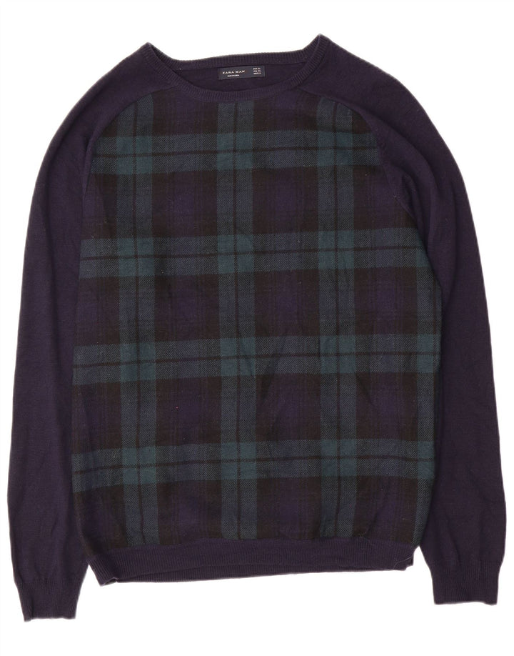 ZARA Hombre Jersey Cuello Barco XL Cuadros Azul Marino