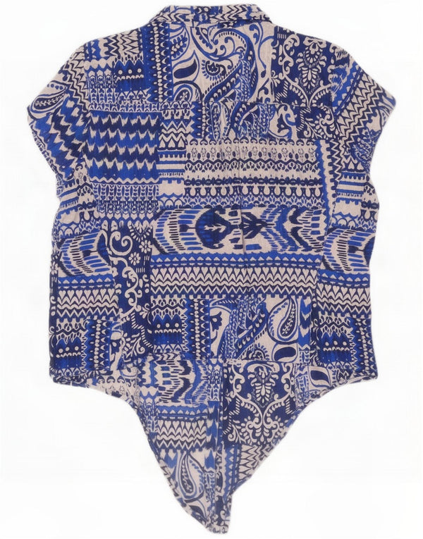 Blusa estilo camisa vintage de manga corta con lazo frontal para mujer UK 46 Large Blue Paisley