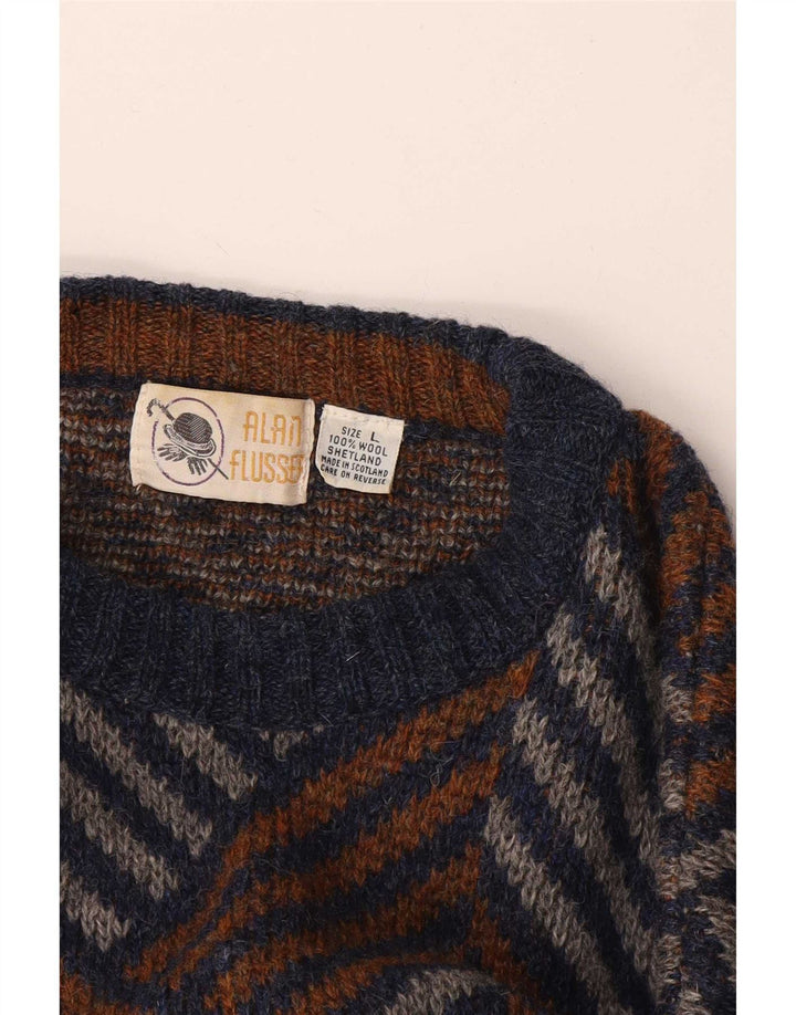 Vintage hombres cuello redondo jersey suéter grande multicolor Chevron lana