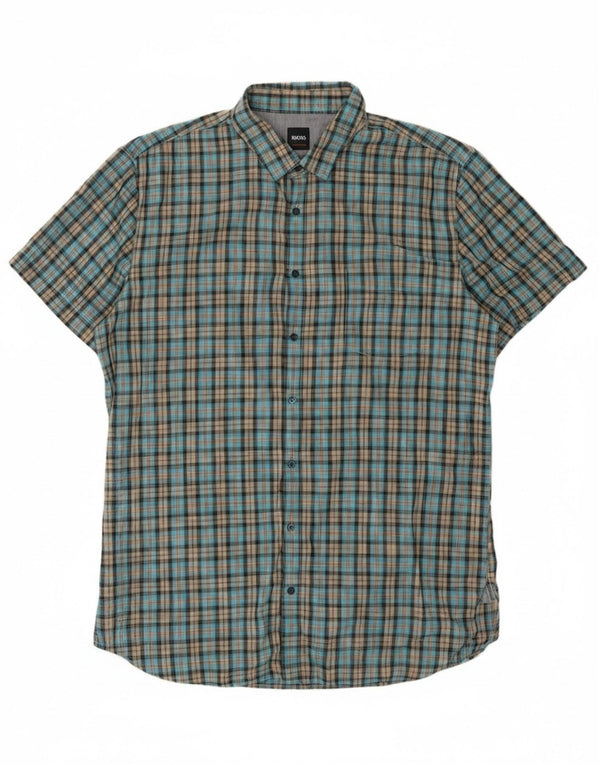 Camisa Hugo Boss Hombre Manga Corta XL Algodón Cuadros Azul