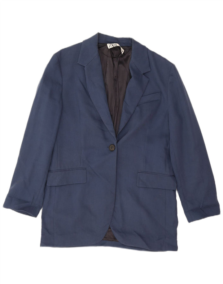 Zara Chaqueta Blazer De 1 Botón para Mujer UK 44 Mediana Azul Marino Algodón