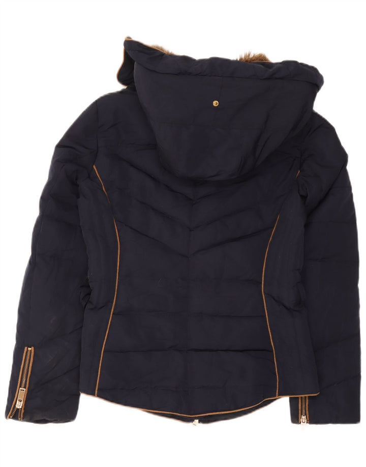 Zara Mujer Chaqueta Acolchada Con Capucha UK 42 Mediana Azul Marino Poliéster
