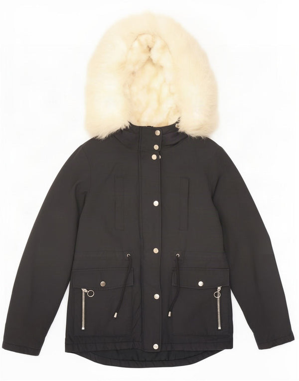 Topshop Parka con capucha para mujer UK 8 Small Poliéster negro