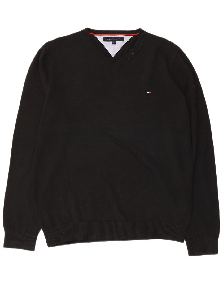 TOMMY HILFIGER Jersey con cuello en V para hombre, talla grande, algodón negro