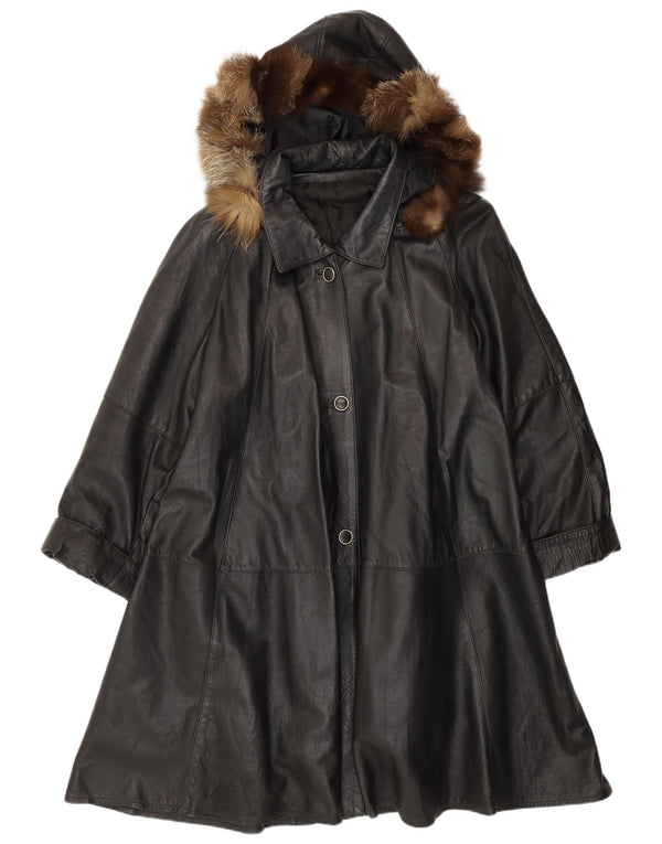 VINTAGE mujer con capucha abrigo de cuero de ajuste suelto Reino Unido 14 cuero negro medio