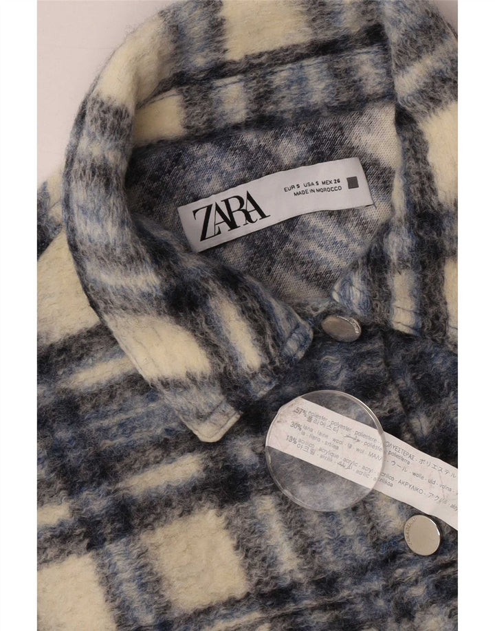 Zara Mujer Crop Chaqueta Bomber Extragrande De Manga 3/4 UK 10 Small Grey Check