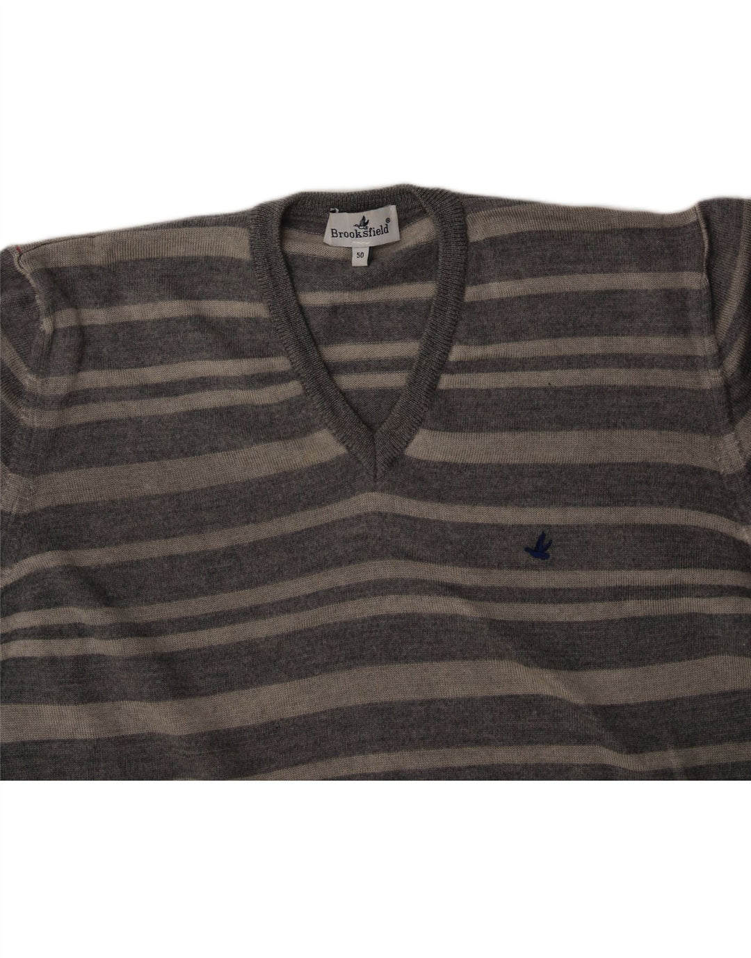 BROOKSFIELD Mens V-Neck Jumper Sweater IT 50 Medium Grey Striped Wool Vintage Brooksfield and Second-Hand Brooksfield from Messina Hembry 