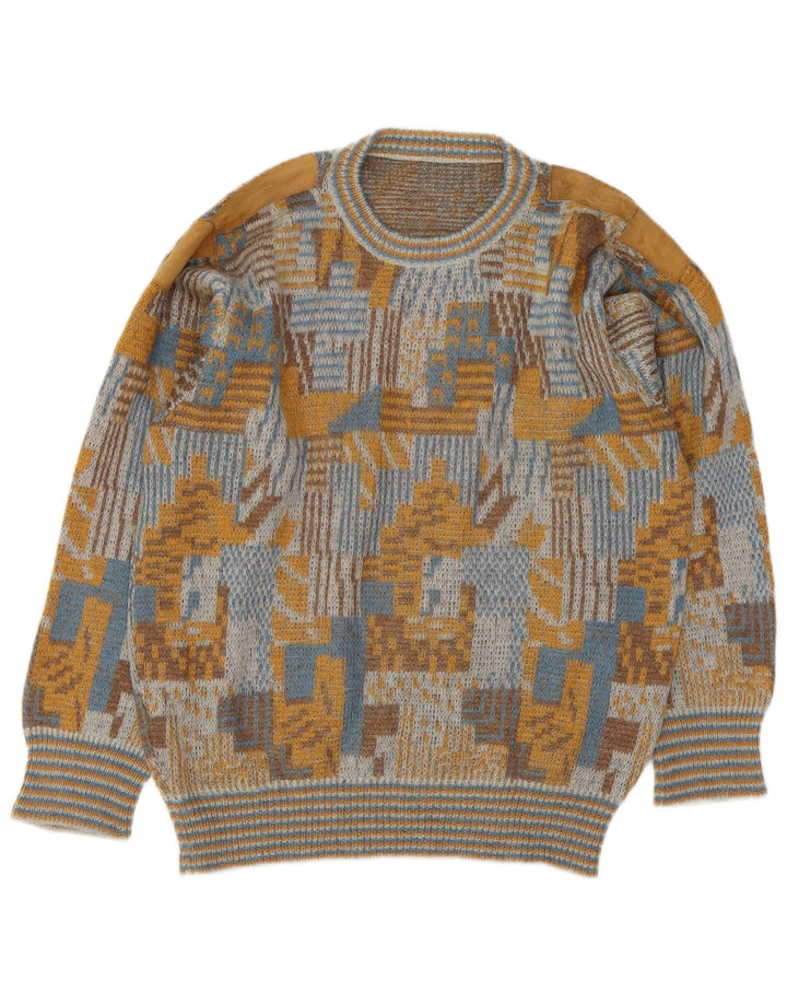 Vintage hombres cuello redondo jersey suéter grande multicolor geométrico