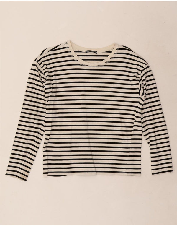 Zara Mujer Top Manga Larga UK 10 Small Blanco Rayas Algodón