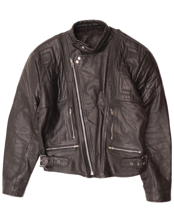 Vintage hombres cuero biker chaqueta Reino Unido 44 2XL negro