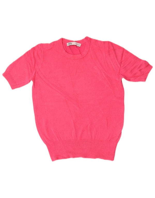 Zara Mujer Crop Manga Corta Cuello Redondo Jersey Jersey UK 10 Small Pink