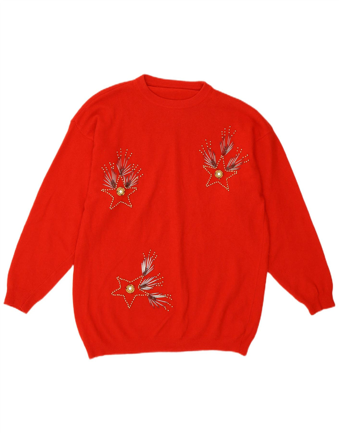 Vintage mujeres patrón abstracto cuello redondo jersey suéter Reino Unido 14 rojo medio