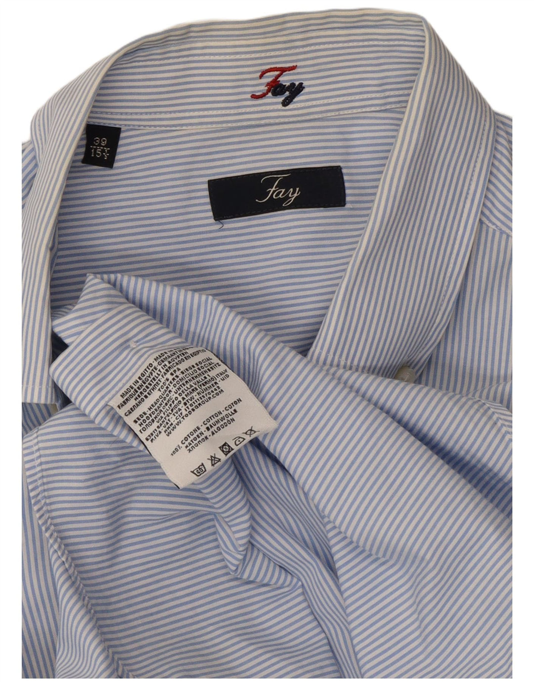 Fay Camisa Hombre Talla 39 15 1/2 Algodón Rayas Azul Medio