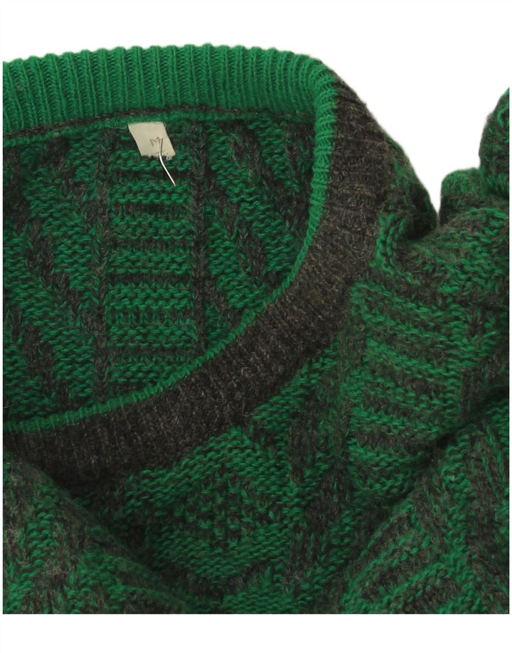 Vintage hombres cuello redondo jersey suéter medio verde geométrico