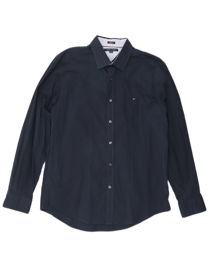 TOMMY HILFIGER Camisa elástica para hombre Grande Azul marino Algodón